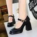 9613-1 Wind Thick High Heel Waterproof Platform Square Head Shallow Mouth Buckle Straight Belt Single Shoes Female_vogvips.com