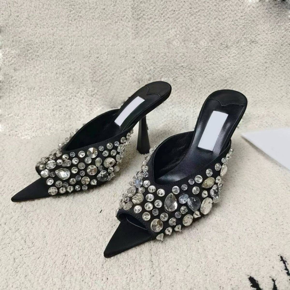 2024 New Version Rhinestone Pointed Toe Stiletto Sexy Crystal High Heel Mules For Women_vogvips.com