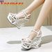 Summer Hollow Out Platform Nightclub Fashion Pumps Woman Super High Heel Wedges Sandals Sexy Ankle Buckle Peep Toe Party_vogvips.com
