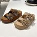 Retro Rhinestone Slip-On Sandals Fireworks Holiday Theme Genuine Leather Square Toe Thick Soled Women's Shoes_vogvips.com