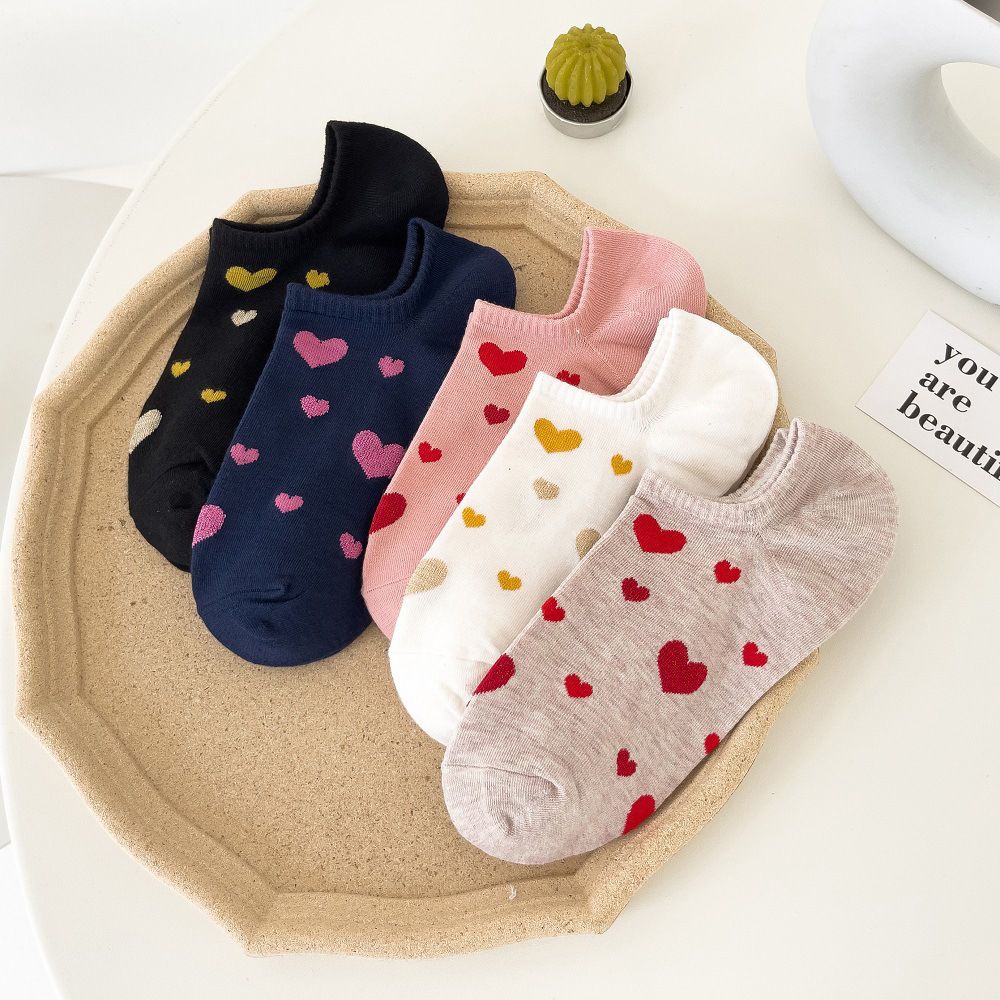 5 Pairs Of Mixed-Color Heart For Women, Spring And Summer Short No-Show Cartoon Women's Low-Cut Large Heel , Ankle_vogvips.com