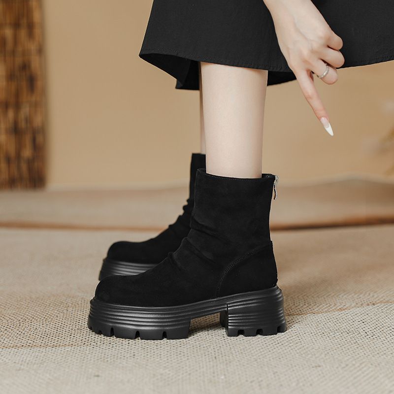 Women's Leather Short Wrinkled Thick Sole Reverse Slouch Solid Color Autumn Winter Retro Melad Stretch Slim Boots_vogvips.com