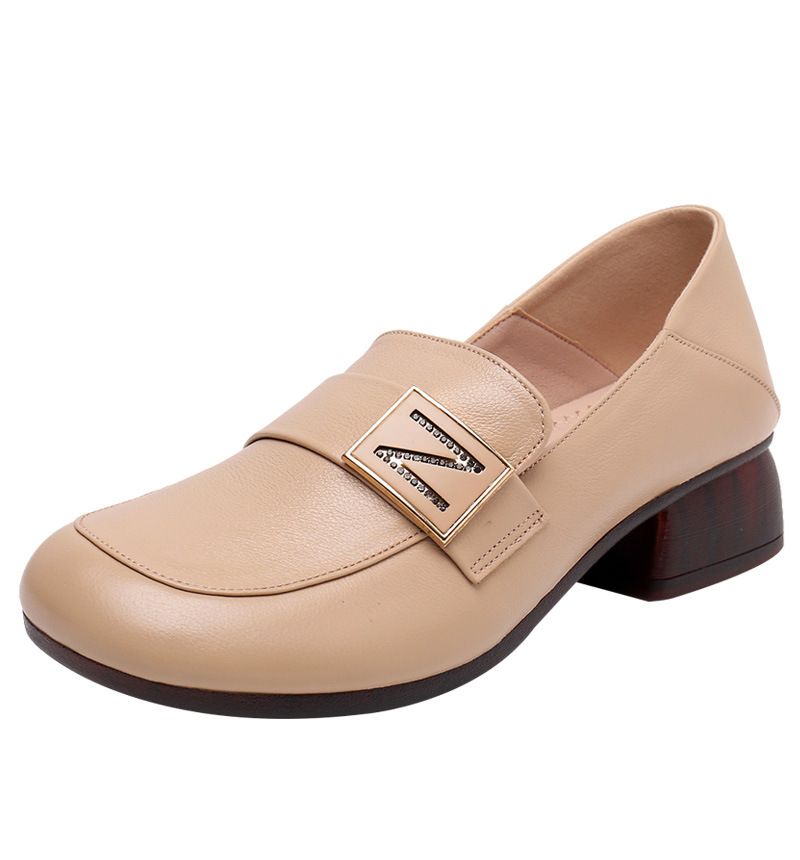 2022 New Women's Loafers With Metal Decoration, Top Layer Cowhide, Large Size, Soft Leather, British Style, Mid-Heel_vogvips.com