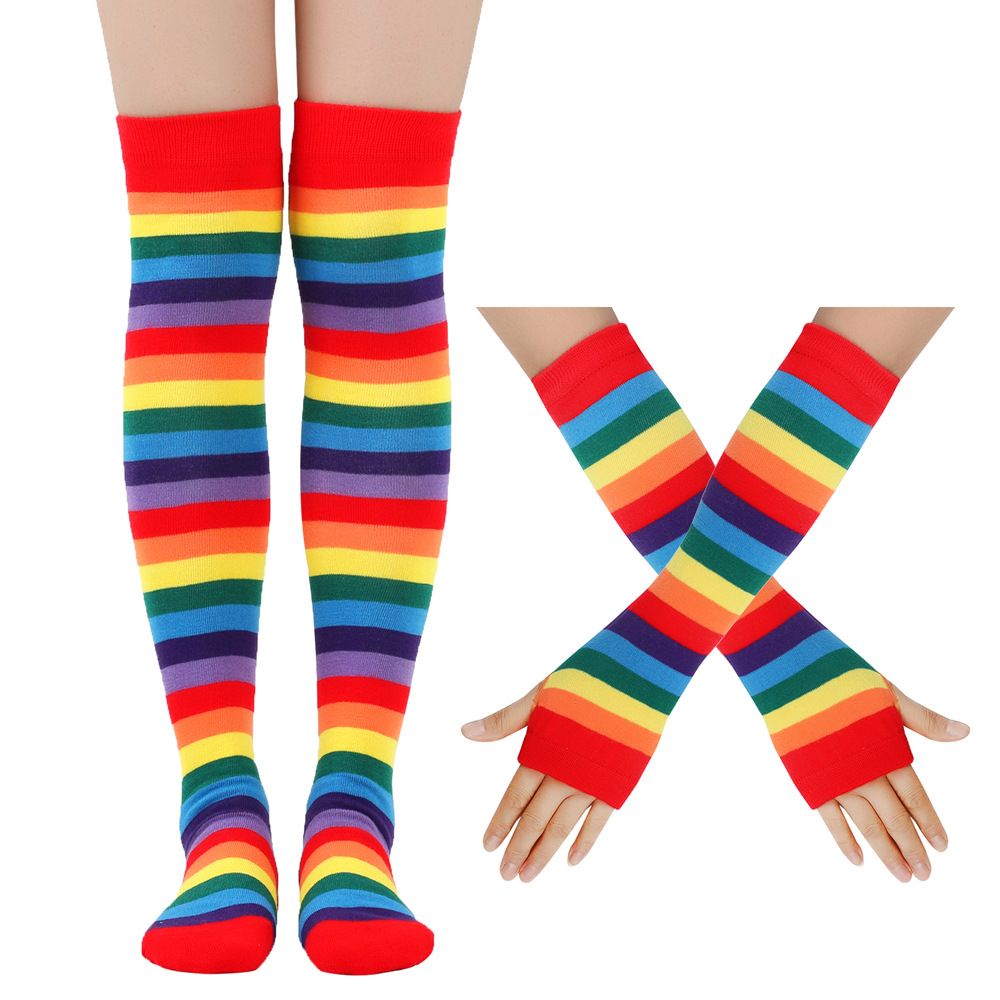 Rainbow Socks High Socks Cotton Knee Socks Women's Colorful Striped Gloves Party Props Set_vogvips.com