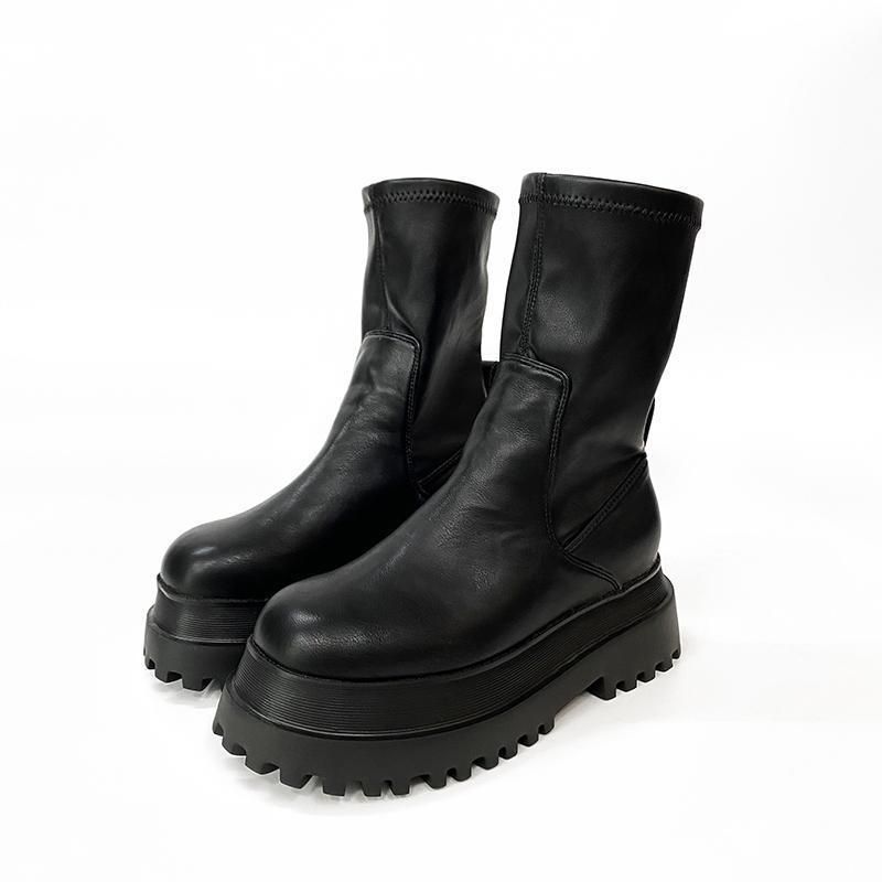 Gothic Style Shoes 2024 Autumn Elastic Punk Short For Women Internet Celebrity Small Tall Thick Sole Height Increasing_vogvips.com