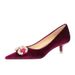237-K79 Korean Style Banquet Women's Mid Heel Thickened Suede Shallow Mouth Pointed Toe Metal Rhinestone Pearl Buckle_vogvips.com