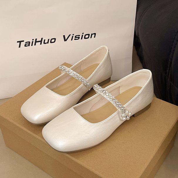 Ballet Feng Shui Diamond Single Shoes Women's Shallow Mouth One-word Buckle Mary Jane Shoes With Skirt Soft Sole Evening Shoes_vogvips.com