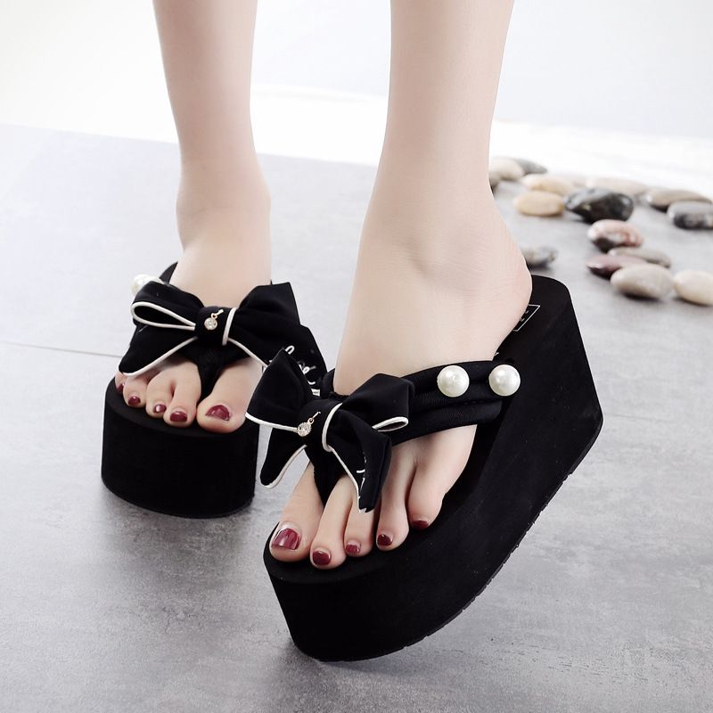 Shanjiao 8cm High Heel Flip-Flops Handmade Bow Non-Slip Beach Vacation Slippers Fashion Women's Beach Shoes_vogvips.com