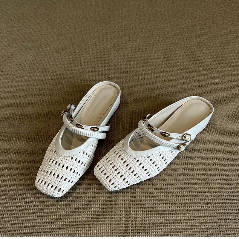 French Retro Style Women's Woven Hollow out Mule Sandals 5 Cm Hidden Wedge Heel Closed Toe Elegant Shoe_vogvips.com