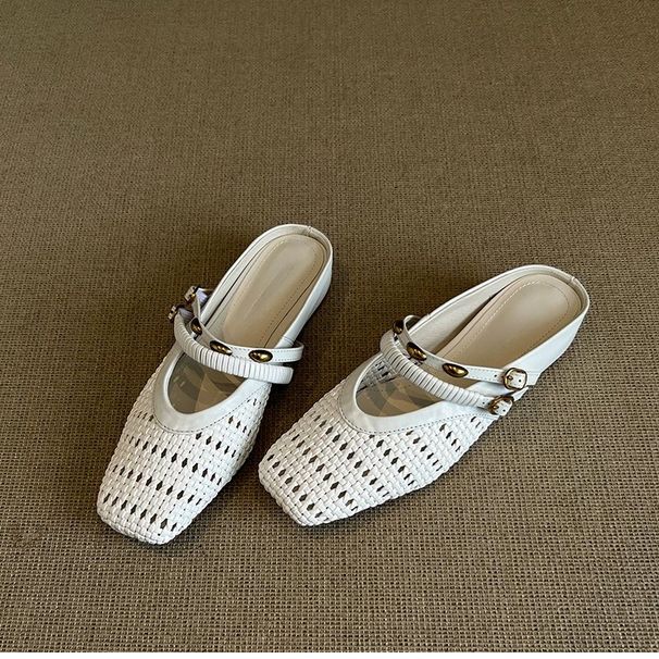 French Retro Style Women's Woven Hollow out Mule Sandals 5 Cm Hidden Wedge Heel Closed Toe Elegant Shoe_vogvips.com