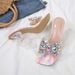 Elegant Iridescent Rhinestone Square-toed Slip-on Transparent Chunky High-heeled Sandals, Summer Outdoor High-end_vogvips.com