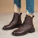 Top Layer Cowhide British Style Martin For Women, Round Toe, Lace-up, Genuine Leather, Low Tube, Winter Fleece-lined,_vogvips.com
