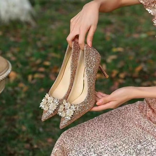 Niche High Heels New Champagne Gold Not Tired Foot Crystal Single Shoes_vogvips.com