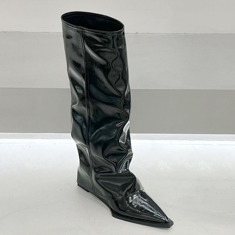 Wedge Heel Long Women European And American Hot Girl High Pointed Toe Black Patent Leather Boots Street Style_vogvips.com