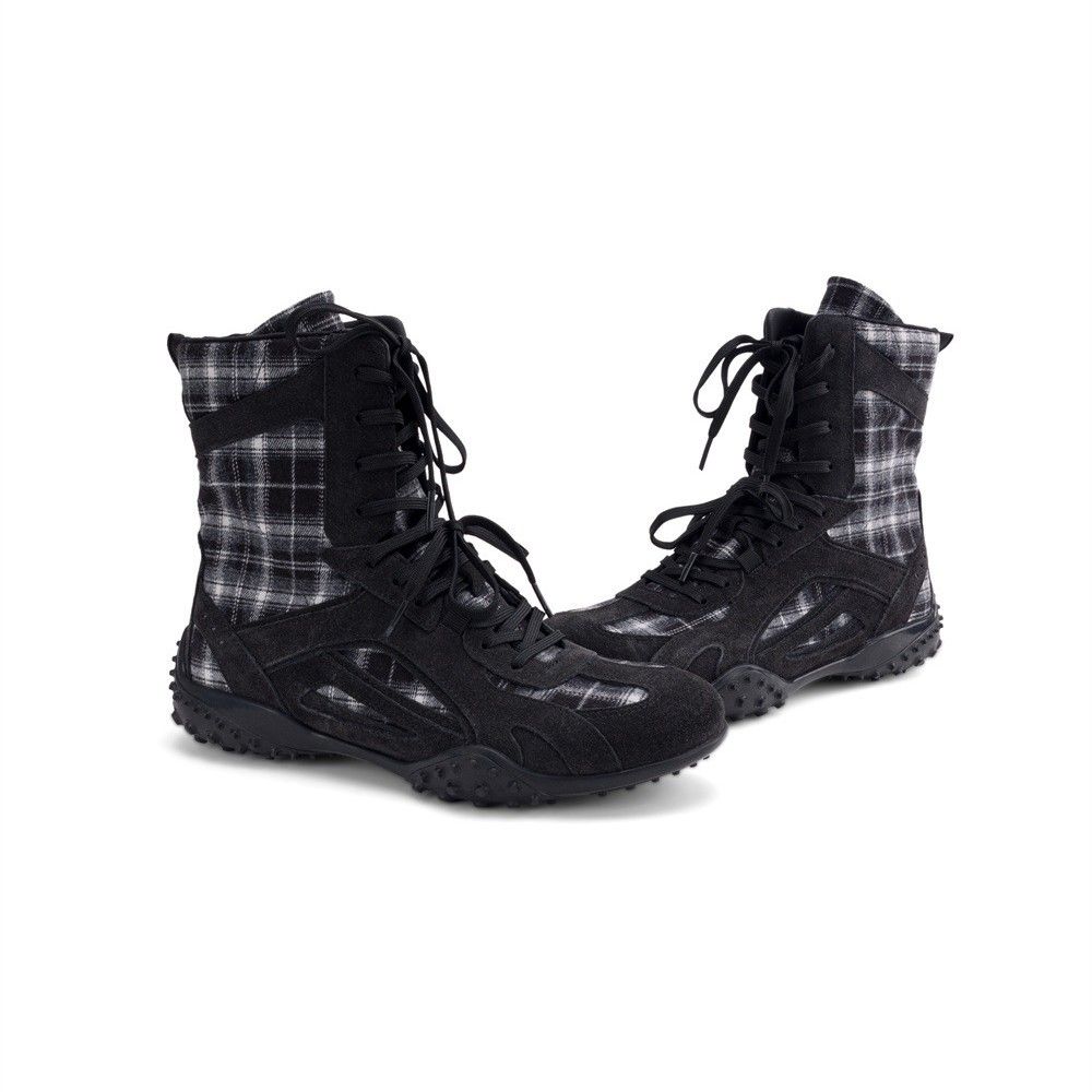 Women Boxing Boots SGIRL TWTW Houndstooth Patchwork Boxing For Women 2025 Lace-Up Ankle Flat German Training Martin Boots_vogvips.com