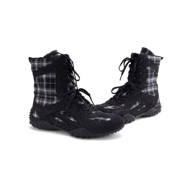 Women Boxing Boots SGIRL TWTW Houndstooth Patchwork Boxing For Women 2025 Lace-Up Ankle Flat German Training Martin Boots_vogvips.com