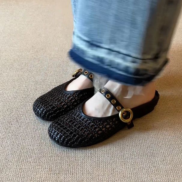 Women's Summer Outdoor Woven Hollow Hole Shoes Slip On Sandals Lazy Mules All Match Shoes_vogvips.com