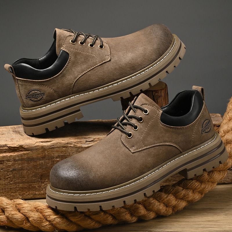 Men's Low-Cut Chunky Sole Casual Martin Boots - Vintage Workwear Style - Breathable Pigskin Leather - Slip-Resistant Rubber Outsole - Lace-Up Design_vogvips.com