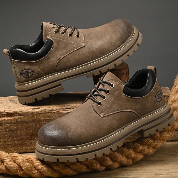 Men's Low-Cut Chunky Sole Casual Martin Boots - Vintage Workwear Style - Breathable Pigskin Leather - Slip-Resistant Rubber Outsole - Lace-Up Design_vogvips.com