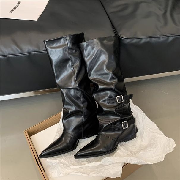 Women's Pointed Toe Buckle Pleated Slouch Boots Punk Style Mid Heel High Top Pants Boots Spring Autumn Hot Girl Riding Boots_vogvips.com