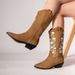 Plus-size brown leather embroidered knight boots New Western cowboy boots_vogvips.com