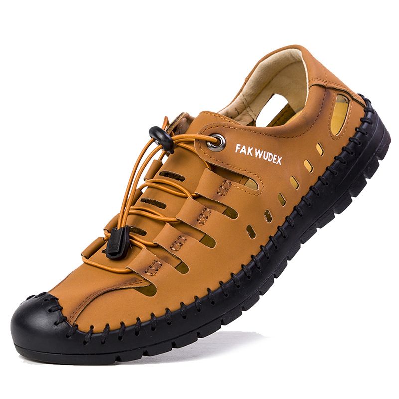 Summer Two Layer Leather Sandals Beach Outdoor Leather Sandals Hole Shoes Soft Bottom Breathable Casual Shoes Wading Shoes_vogvips.com