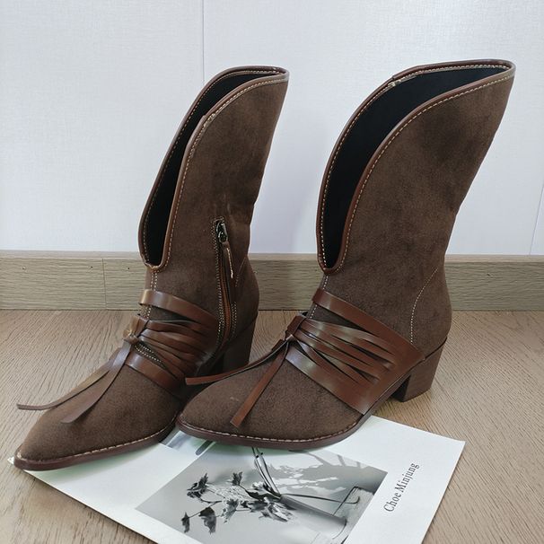 Dune Wasteland Style Medieval V-Neck Short For Women 2024 Autumn Winter New Thick Low Heel Lace-Up Western Boots_vogvips.com
