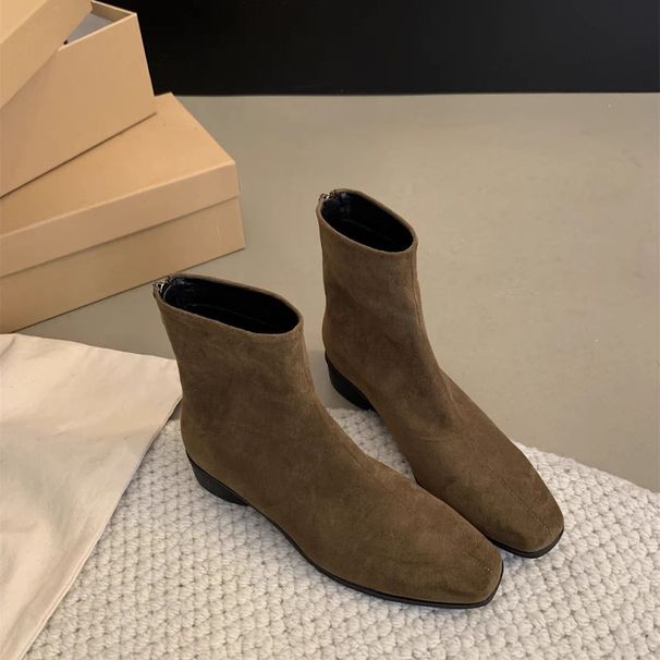 Trendy Short 2024 Autumn Winter New Style Chunky Heel Slim French Suede Ankle Boots_vogvips.com