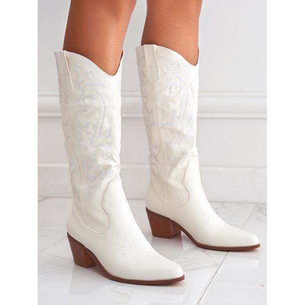 Men's & Women's Western Cowboy Boots With Embroidery - Pointed Toe, Chunky Heel, Mid-Calf Riding Boots In PU Leather (Black, White, Pink, Brown)_vogvips.com
