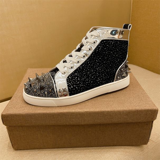 CL Men's High Top Red Sole Shoes Sea Cucumber Starry Rivet Genuine Leather Breathable Casual Trendy Sneakers European_vogvips.com