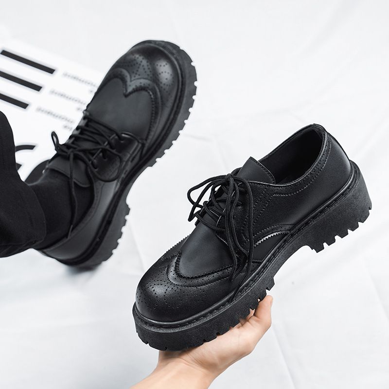 Euro Step New Business Formal Casual British Brogue Black Height-Increasing Men's Thick-Soled Leather Shoes Big Toe_vogvips.com