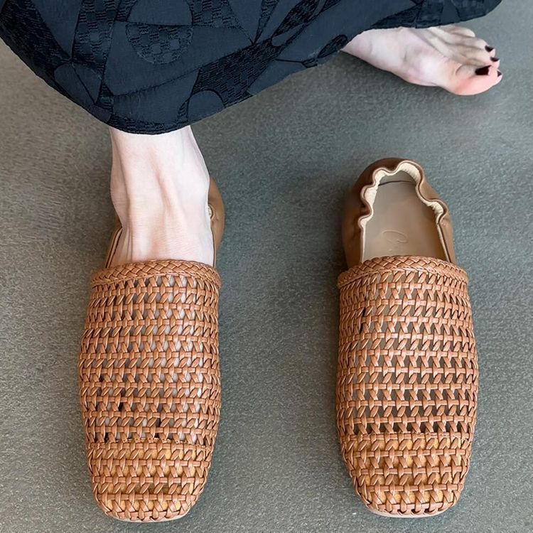 New French Woven Hollowed Out Single Shoe For Women's Fashion, Leather Soft Sole, Loafers, Roman Sandals, Bean Shoes_vogvips.com