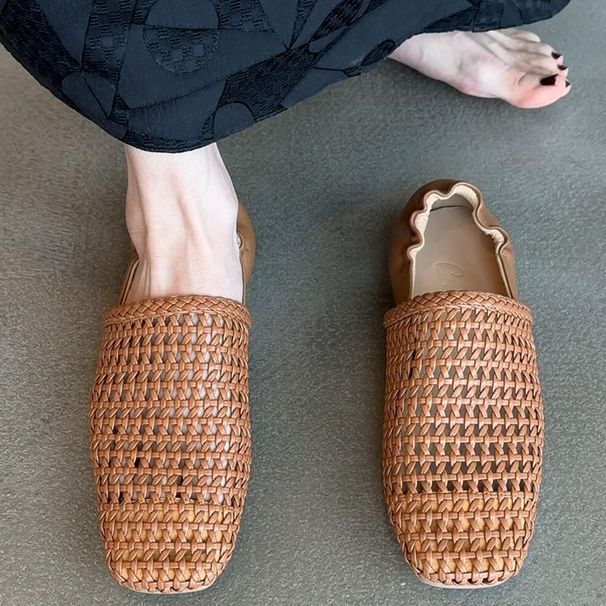 New French Woven Hollowed Out Single Shoe For Women's Fashion, Leather Soft Sole, Loafers, Roman Sandals, Bean Shoes_vogvips.com