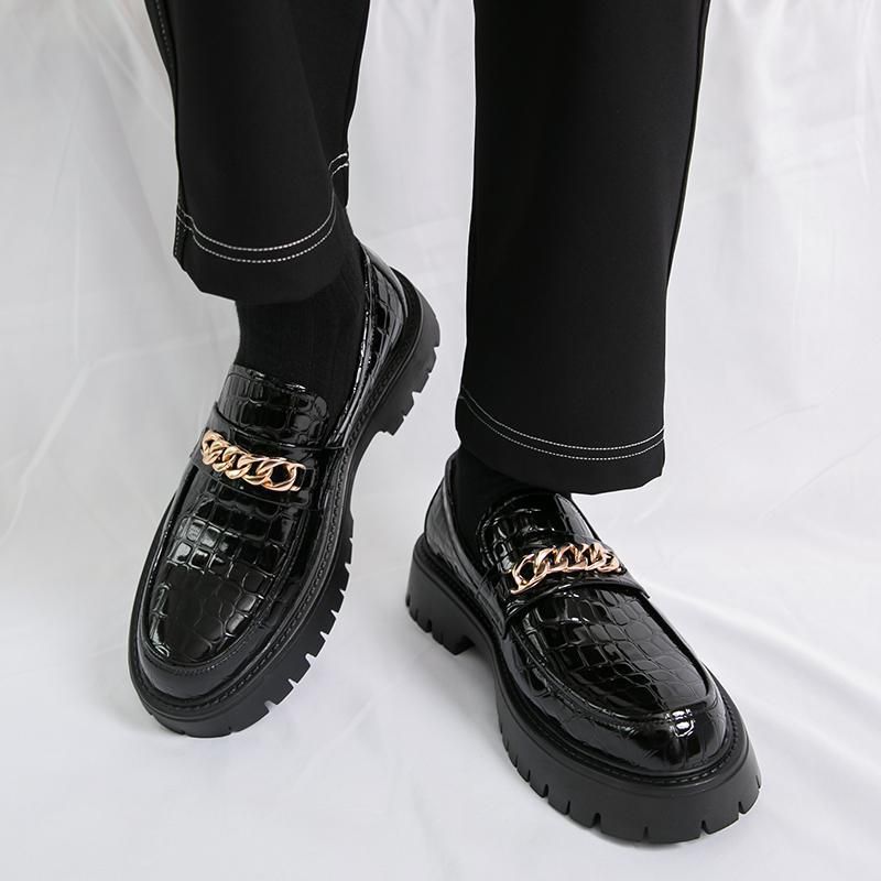 Euro Step Autumn New Thick-Soled Business Loafers For Men Korean Fashion Shiny Height-Increasing Slip-On Leather Shoes_vogvips.com