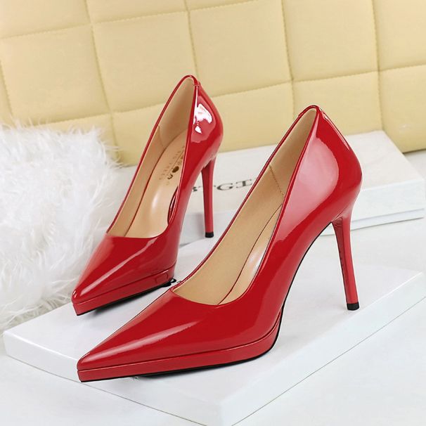 High Heels Women's Shoes Thin Heels Patent Leather Shallow Mouth Pointed Head Super High Heel Waterproof Table Shoes_vogvips.com
