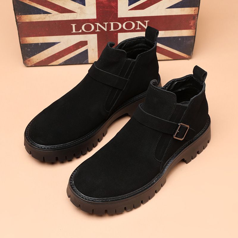 Martin Boots Men's High-top Velvet Cotton Shoes Black Medium-top Tooling Short Boots Leather Shoes Men's_vogvips.com