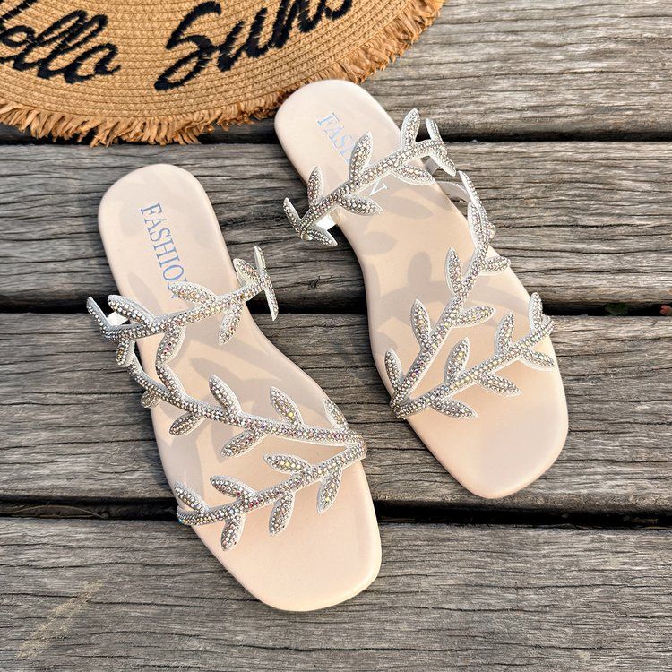Fashionable Rhinestone Flat Bottom Sandals Women's Summer New Comfortable Slip-On Beach PU Material Casual Slippers_vogvips.com