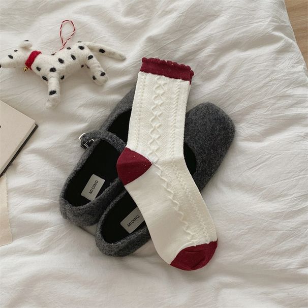 Women's Berry Red Knit Socks With Bow And Checkered Pattern, Medium Cuff, Breathable Cotton, All-Season Wear Polka Dot Stacked Socks_vogvips.com