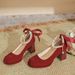 Women's Autumn New Square-Toe Bridal Shoes - Red Suede Mary Jane Pumps With Bow & Pearl Accents (Low Block Heel)_vogvips.com