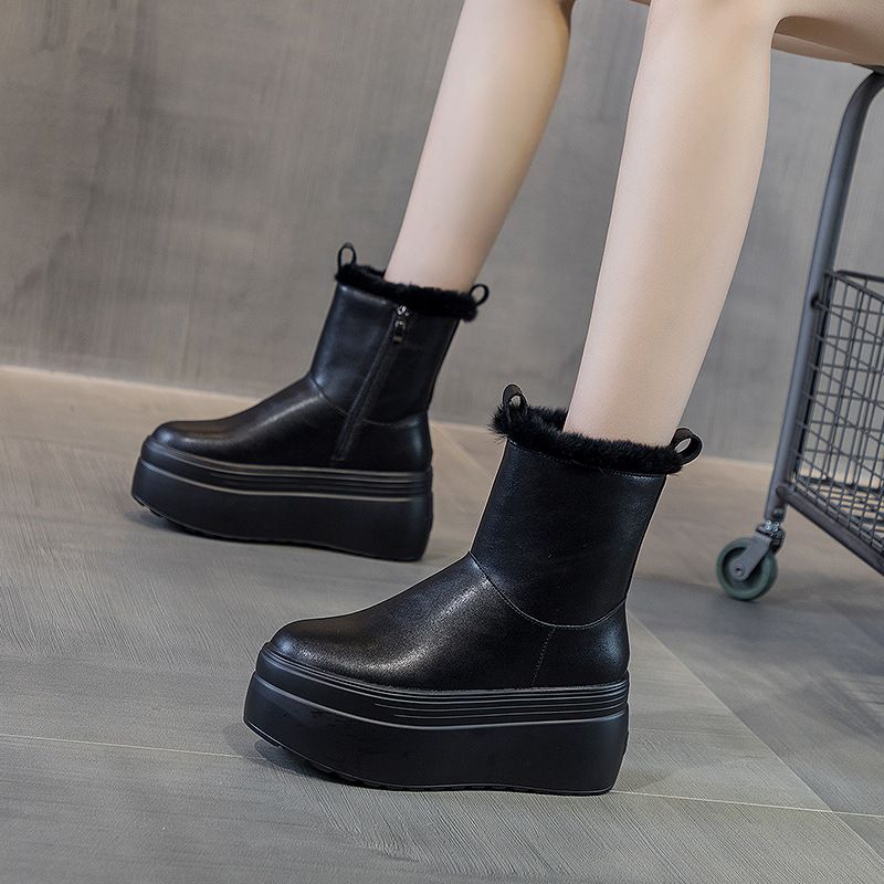 Women's Short 2025 Winter New Fleece-Lined Real Fur Warm Snow Thick Sole Platform Leather Mid-Calf Simple Boots_vogvips.com
