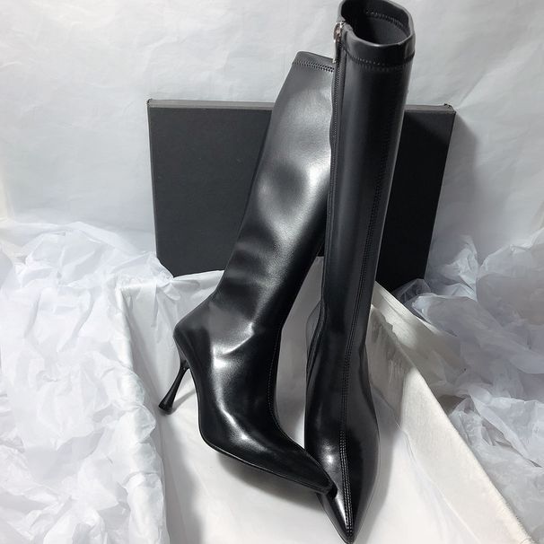Black Knight Over-the-Knee Long Boots Simple Pointed Toe Solid Color White Slim Adult High Heel Elastic Elegant Korean_vogvips.com