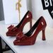 8399-H87 European And American Style Banquet Women's Shoes Waterproof Platform Chunky Heels Pointed Toe Bowknot Patent_vogvips.com