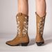 Plus-size brown leather embroidered knight boots New Western cowboy boots_vogvips.com