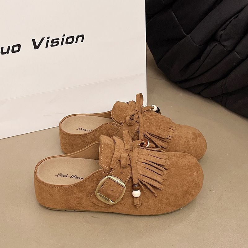 Women's Soft Soled Wedge Sandals Spring Style Suede Tassel Bow Closed Toe Outdoor Wear Thick Sole Birken Style Sandals_vogvips.com