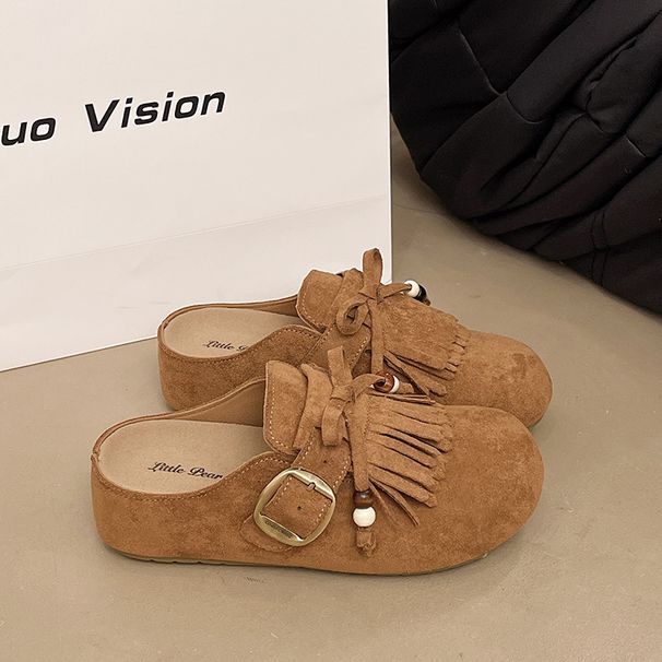 Women's Soft Soled Wedge Sandals Spring Style Suede Tassel Bow Closed Toe Outdoor Wear Thick Sole Birken Style Sandals_vogvips.com