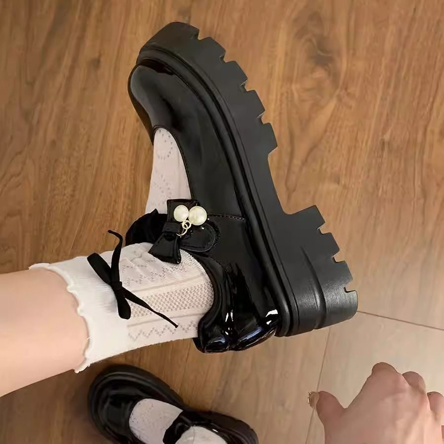French Mary Jane One-pedal Women's Shoes Temperament Shoes Heightened Jk Shoes Round Head With Mary Jane Small Leather Shoes_vogvips.com