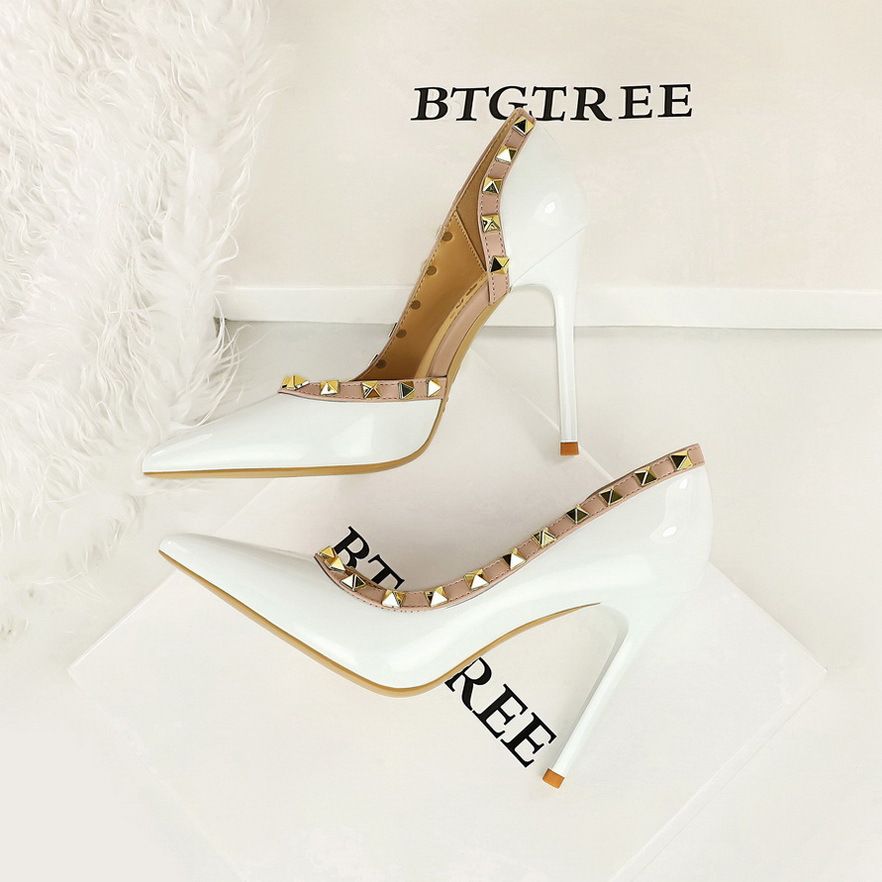 SEXY Pointed Toe Stiletto Heels With Side Cut-Out & Studs - Glossy Patent Leather High Heels For Women - Party Club Night Out Dress Shoes_vogvips.com