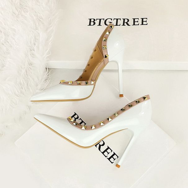 SEXY Pointed Toe Stiletto Heels With Side Cut-Out & Studs - Glossy Patent Leather High Heels For Women - Party Club Night Out Dress Shoes_vogvips.com
