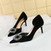 High heel suede shallow mouth pointed side hollow-out metal rhinestone buckle single shoes women_vogvips.com