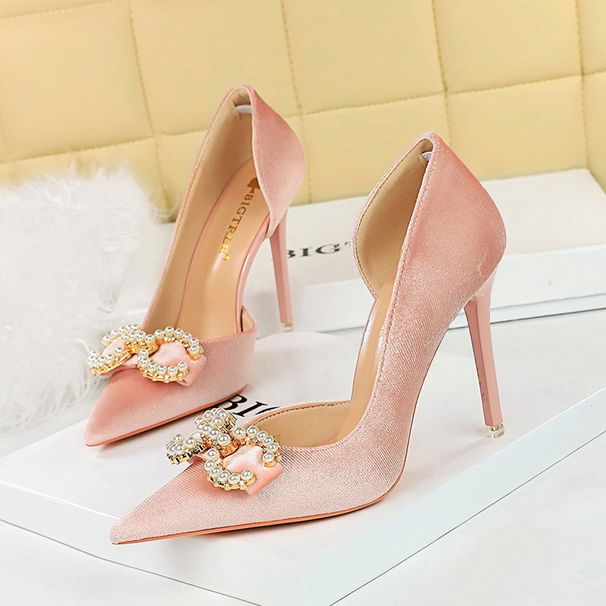 Women S High Heel Suede Shallow Mouth Pointed Side Hollow Rhinestone Buckle Pearl Bow Single Shoes_vogvips.com
